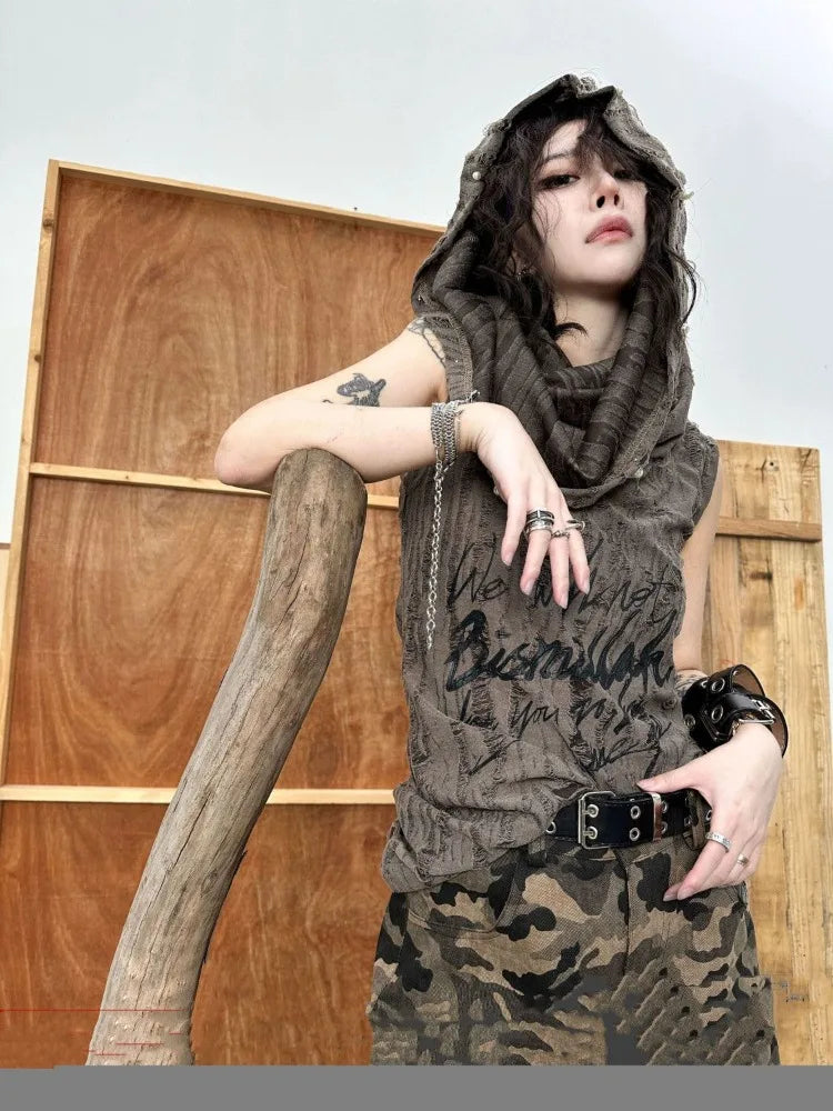 BXOXO Street Hole Hollow Out Tops Women Pearl Button Print Hoodie Tee Shirt Y2k Grunge Slim Fit Sleeveless T-shirts Vest Tanks