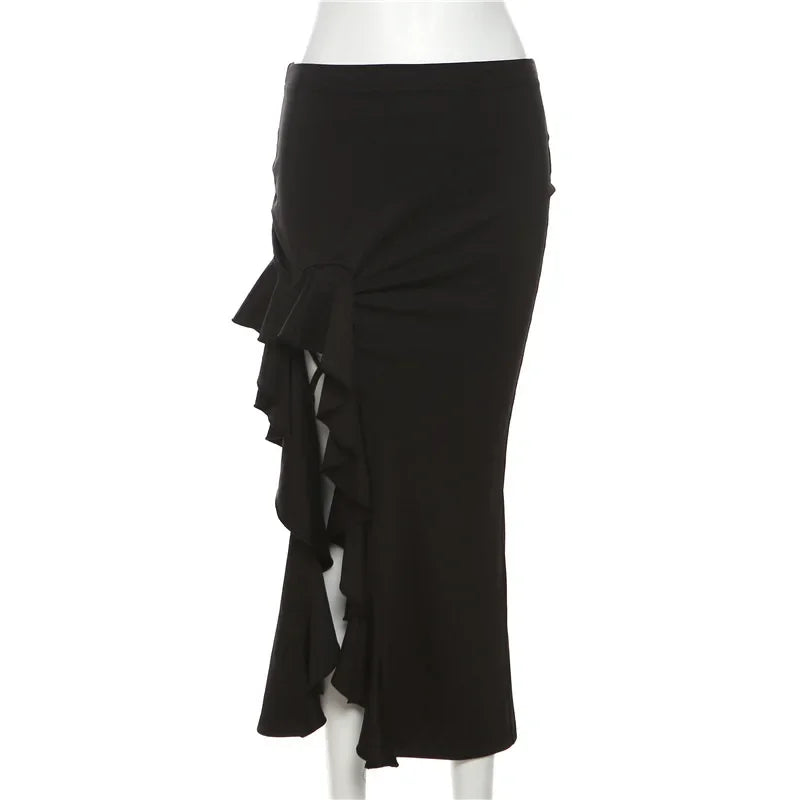 Bxoxo Gothic Black High Waist Bodycon Mid Skirt E-Girl Punk Ruffles Split A-Line Skirts Y2K Fashion Women Streetwear Bottoms