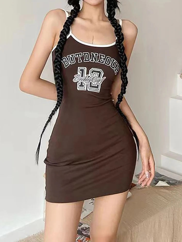 Bxoxo Women Fashion Letter Print Sexy Bodycon Dress Spaghetti Strap O-neck Slim Fit Dress Streetwear Summer 2023 One piece