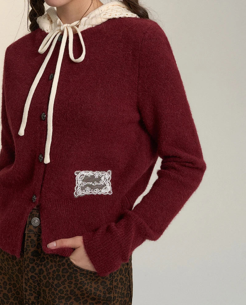 Bxoxo Vintage Streetwear Hooded Cardigan Women Long Sleeve Hollow Out Patchwork Knitted Sweaters American Retro Lace Up Lace Tops