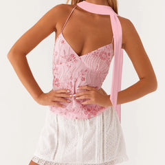 BXOXO Chic Women Sequins Beaded Flower Embroidery V-Neck Casual Tank Tops Summer Fashion Sleeveless Tops with Choker Scarf