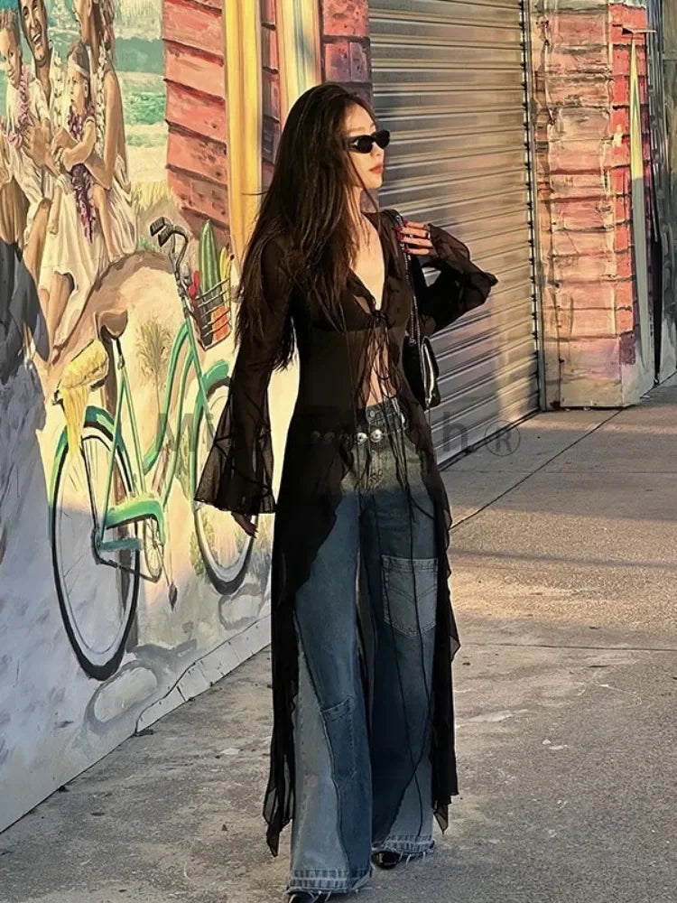 BXOXO Vintage Y2k Black See Through Long Cardigan Women Sexy Grunge V-neck Streetwear Tops Summer Chic Aesthetic Bandage Slim Blouse