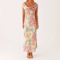BXOXO Women's Sexy Chiffon Halter Maxi Dress Ruched Tie Dye Plunge Neck Long Dresses Semi Sheer Summer Bohemian Sundress