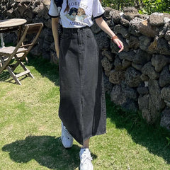 Bxoxo Vintage High Waist Women Denim Midi Skirt Summer Korean Thin Section Slit A Line Skirts Fashion Casual All Match Denim Skirts