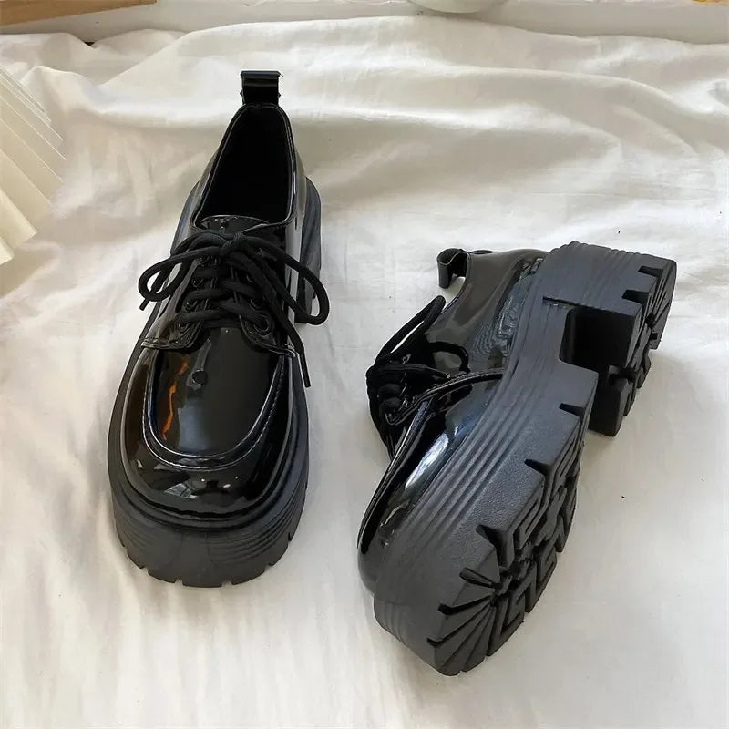 BXOXO Chunky Platform Oxfords Shoes for Women spring Non Slip Lace Up Flats Woman Thick Bottom Patent Leather Gothic Shoes