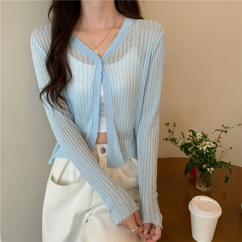 Bxoxo Sun Protection Light Weight Knitted Ice Silk Long Sve Cardigan Women's Slim Fit Summer New Sle Breathable Outerwear T-irt