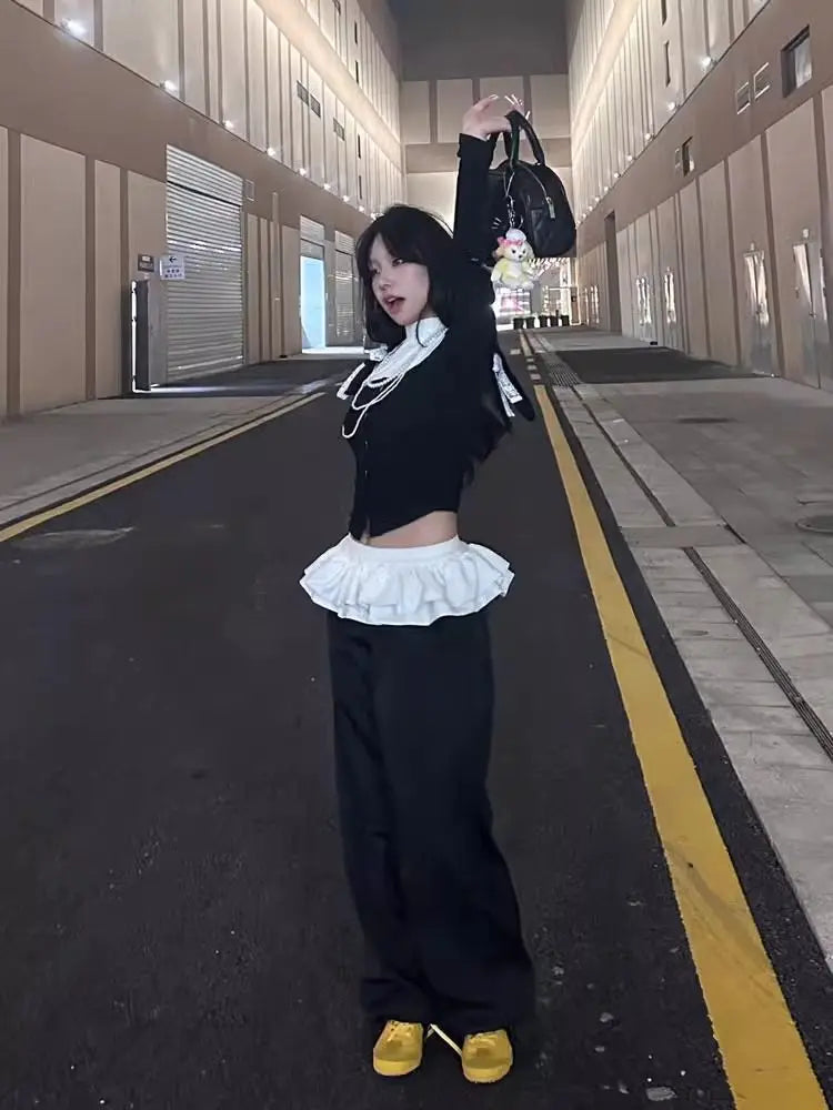 Bxoxo Y2k Black Vintage Women Skirt Pants Kawaii Patchwork Harajuku Korean Style Sweatpants Wide Leg Baggy Trousers Youthful