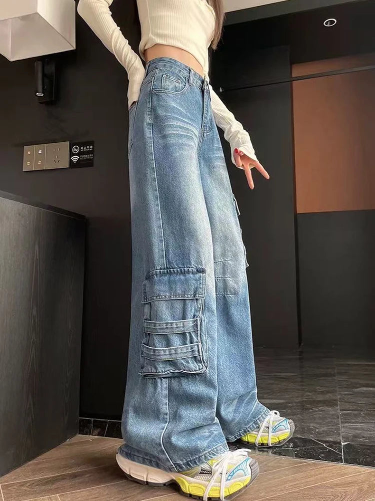 Bxoxo Street Vintage Cargo Jeans Women New Y2K Harajuku Wash Blue Multiple Pockets Baggy Jeans Denim Pants Bf High Waist Wide Trousers