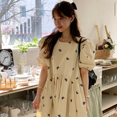 Bxoxo Knot Embroidered Loose Bubble Sve Dr Chic Agel Casual Cotton Long Dr round Ne A-Line Gown