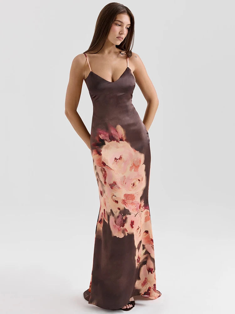 BXOXO  Satin Floral Print Sexy Maxi Dress Women Gown Elegant Spaghetti Strap Sleeveless Backless Bodycon Evening Club Dress