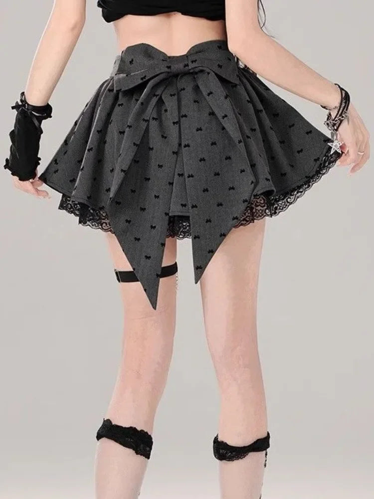 Bxoxo New Gray Pleated Y2k Mini Skirt Women Summer Lace Patchwork Bow Fashion Skirt Lolita Style Striped Dot Print Cutecore Skirt