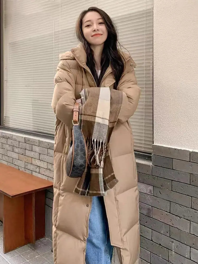 BXOXO Solid Color Long Straight Winter Coat Casual Women Parkas Clothes Hooded Stylish Winter Jacket Female Outerwear