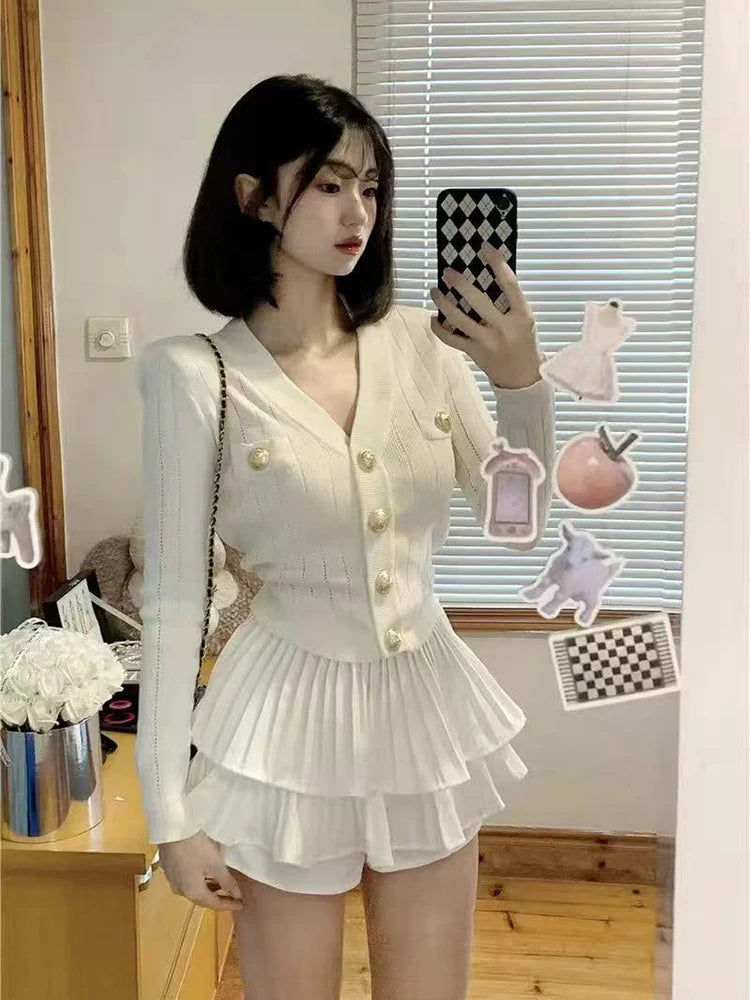 Bxoxo Long Sleeve Knit Tops Skirt 2 Piece Set Women Fashion Single Breasted Crop Cardigan Y2K High Waist All Match Mini Skirts Sets