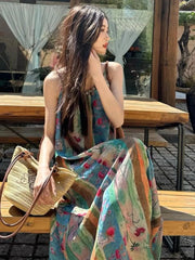 Bxoxo Summer New Large Size Retro Yunnan Travel Floral Tie Dye ter Dr Women's Vaion Sle Loose Waist A-Line Long Dr