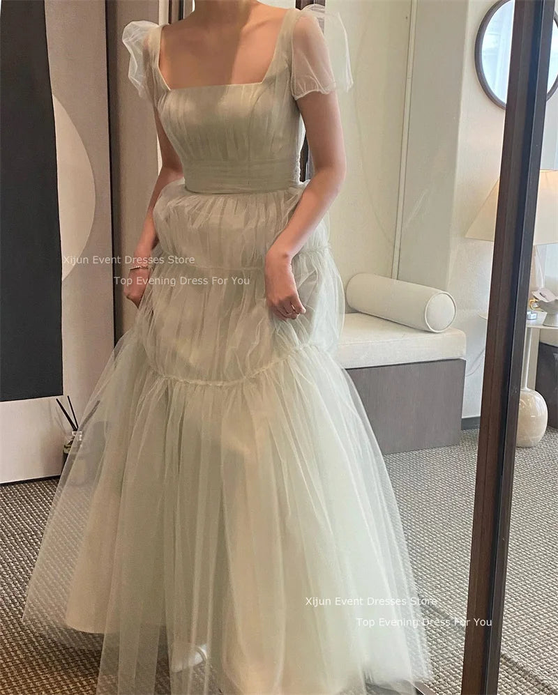 BXOXO Fairy Tulle A-Line Wedding Dresses Puff Short Sleeves Prom Dresses Floor Length Bridal Party Dresses For Korean Women