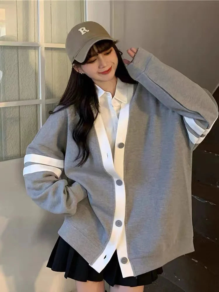 Bxoxo Varsity Cardigan Sweater for Women Long Sleeve V-Neck Button-up Knit Slouchy Cardi Korean School-girl Preppy Fall Winter Outfit