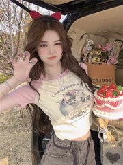 BXOXO American Vintage Slim Fit T-shirts 2025 Summer New Short Sleeve Tee Shirt Y2k E-Girl O-neck Cat Print Bottoming Tops Women