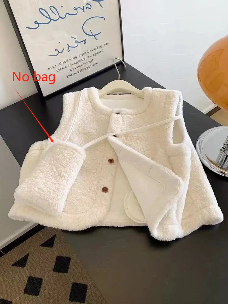 Bxoxo Faux Lamb Fur Vest Women Fashion Patchwork Loose Casual Camis Autumn Korean Single Breasted Sleeveless Plush Cardigan Ladies