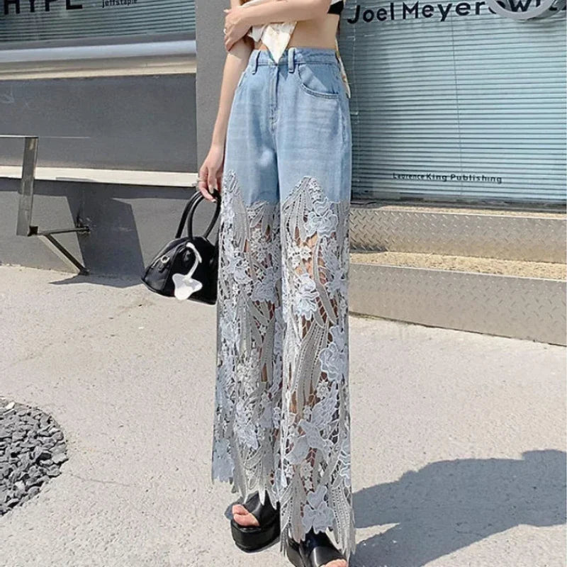 BXOXO Fashion Elegant Jeans for Women High Waist Lace Patchworl Hollow Out Irregular Pantalones De Mujer Casual Loose All Match Pants