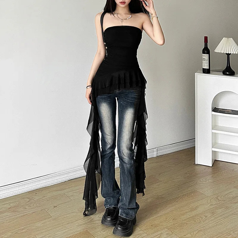 Bxoxo  Spring New Solid Color Sweet Gentle Cute All-match High Street Travel Sexy Cool Women Chest Wrap ruched Tassel Vest