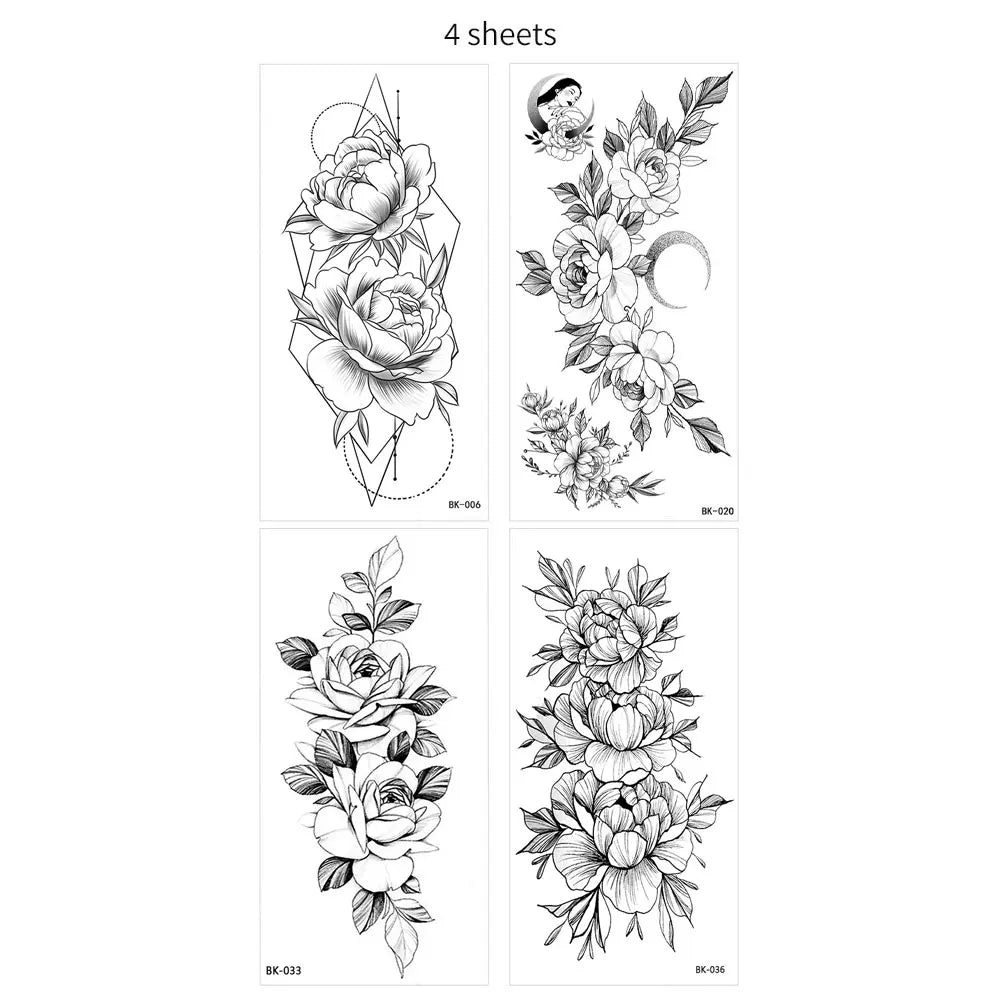 BXOXO 1/4pcs Black Flower Temporary Tattoos for Women Men Waterproof Realistic Floral Tattoo Stickers for Hand Arm Body Fake Tattoo