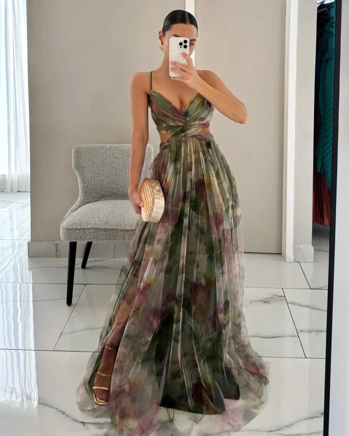 BXOXO  V-Neck Sexy Hollow Out Party Dress, Women Summer Loungewear Fashion Printing Maxi Dress, Sleeveless Lace-Up Ladies Dress Vestido