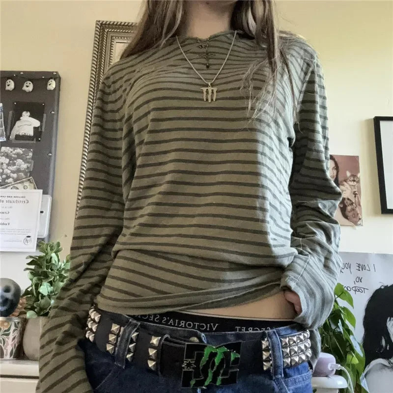 BXOXO Y2k Teen Striped Long Sleeve T-Shirts Fairy Grunge Print Baggy Tops Vintage Harajuku 2000s E-Girl Shirts Vintage Streetwear