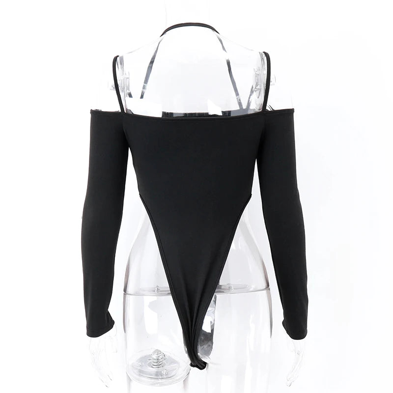 Bxoxo Sexy Off Shoulder Halter Bodysuit Aesthetic Spaghetti Straps Long Sleeve T Shirt Women Slim Fit Party Clubwear Bodysuits