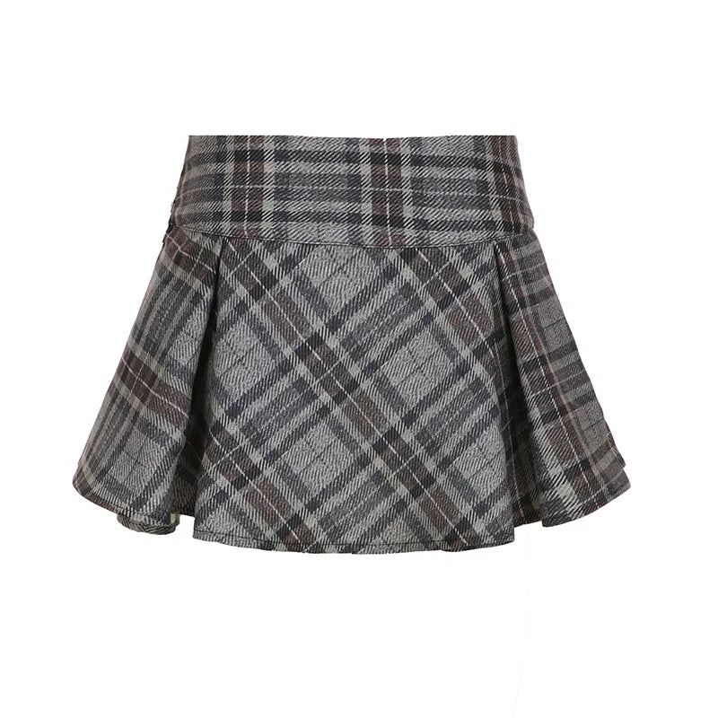 Bxoxo Academia Style Plaid Ruched Women’s A-Line Skirts Fashion All-Match Button Bow Design Mini Skirts Korean