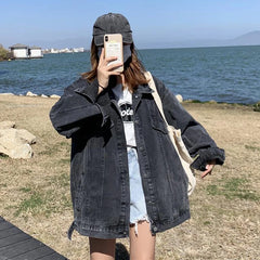 BXOXO Spring Autumn Black Denim Jacket Top Woman Korean Simple Loose Jean Coats for Women New Trendy Button Long Sleeve Outwear