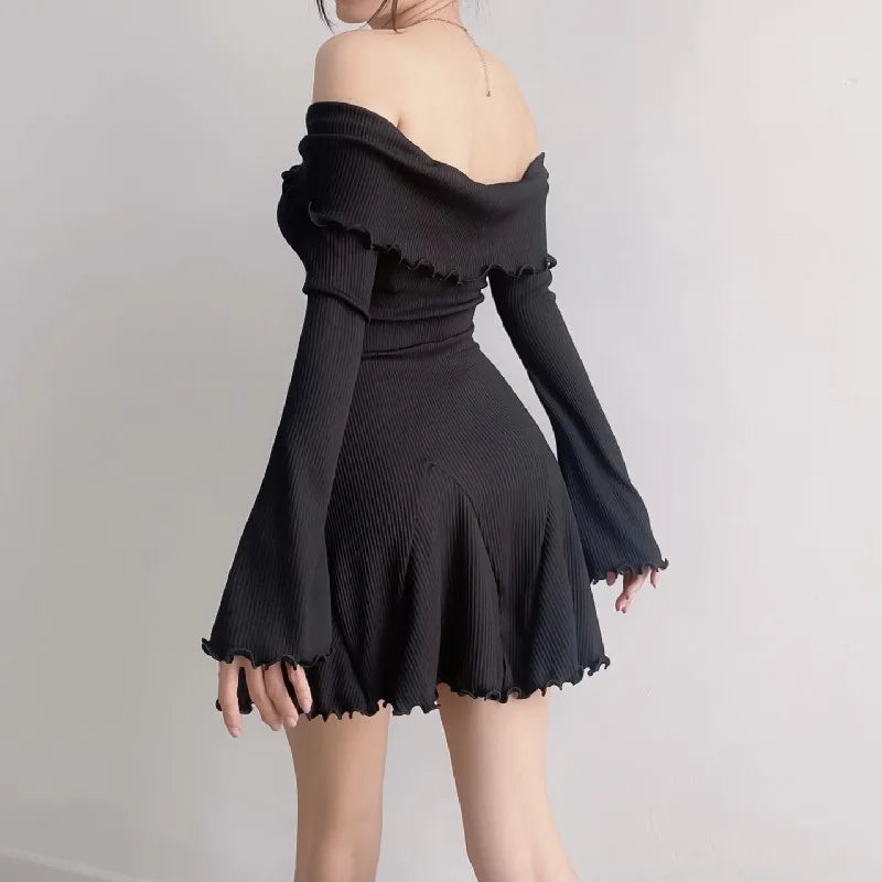 BXOXO Autumn Black A-LINE Dress Women Streetwear Sexy Strapless Off Shoulder Long Sleeves Knitting Mini Dresses Club Elegant Partywear