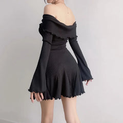 BXOXO Autumn Black A-LINE Dress Women Streetwear Sexy Strapless Off Shoulder Long Sleeves Knitting Mini Dresses Club Elegant Partywear