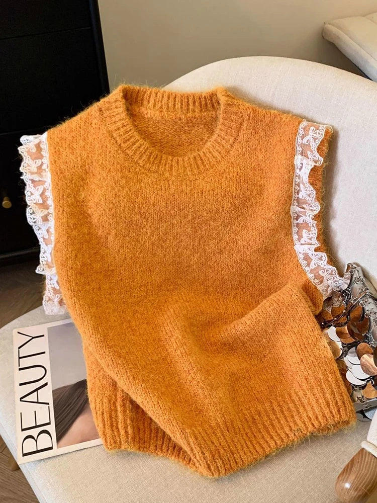 Bxoxo Lace Patchwork Sweet Sweater Vest Women Vintage O Neck Casual Knitted Tops Korean Preppy Style Lady Lazy Wing Cute Vest New