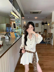 Bxoxo Autumn Lapel Shirt Mini Dress Women Fashion Streetwear Leopard Print Lace Up Dress Y2K Korean Elegant Long Sleeve Vestidos New