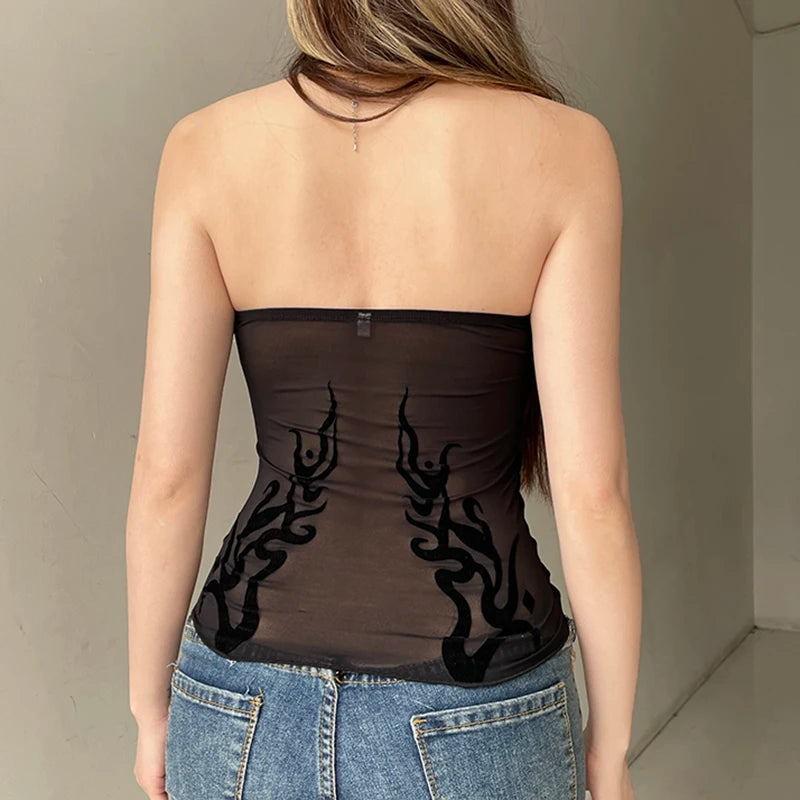 BXOXO Solid Black Backless Tube Top Sexy Transparent Mesh Stitching Crop Tops Tees Summer y2k Aesthetic Vest Clubwear Tees Lady