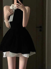 Bxoxo Elegant Halter Neck Dress Woman Y2K Black Hepburn Style Bow Bandage Sleeveless Mini Dress Summer Slim Patchwork Party Vestidos