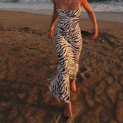 BXOXO Fashion Women's Zebra Print Cami Dress Sleeveless Tie Backless Bodycon Long Dress Summer Beach Party Sun Dress