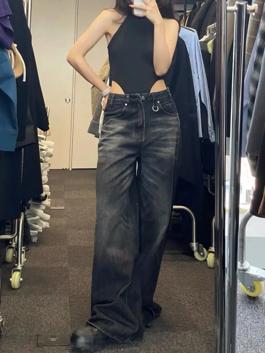Bxoxo Black Vintage Washed Wide Leg Women's Jeans Y2k Overzised Korean Fashion Denim Pants Baggy Hip Hop Streetwear Gyaru