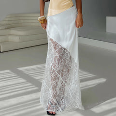 BXOXO Women's Lace Long Skirts Mid Waist Solid Color Asymmetric Patchwork Midi Skirts Elegant Skirts Y2K Fairy Streetwear