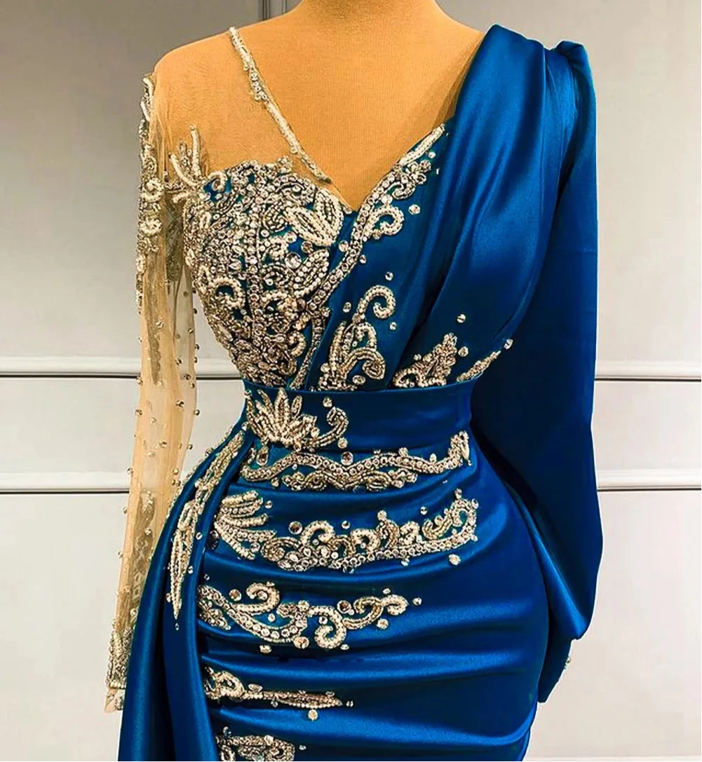 BXOXO Luxury Long Sleeve Mermaid Evening Dresses Sparkly Crystals Elegant Satin Dubai Women Formal Party Evening Gowns Sheer Neck