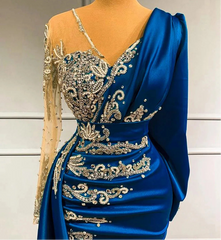 BXOXO Luxury Long Sleeve Mermaid Evening Dresses Sparkly Crystals Elegant Satin Dubai Women Formal Party Evening Gowns Sheer Neck