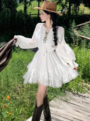 Bxoxo Woman Vintage Korean Short Dress Ruffles Asymmetrical Slim Waist White Long Sleeves Vestidos 2025 New Holiday Casual Dresses