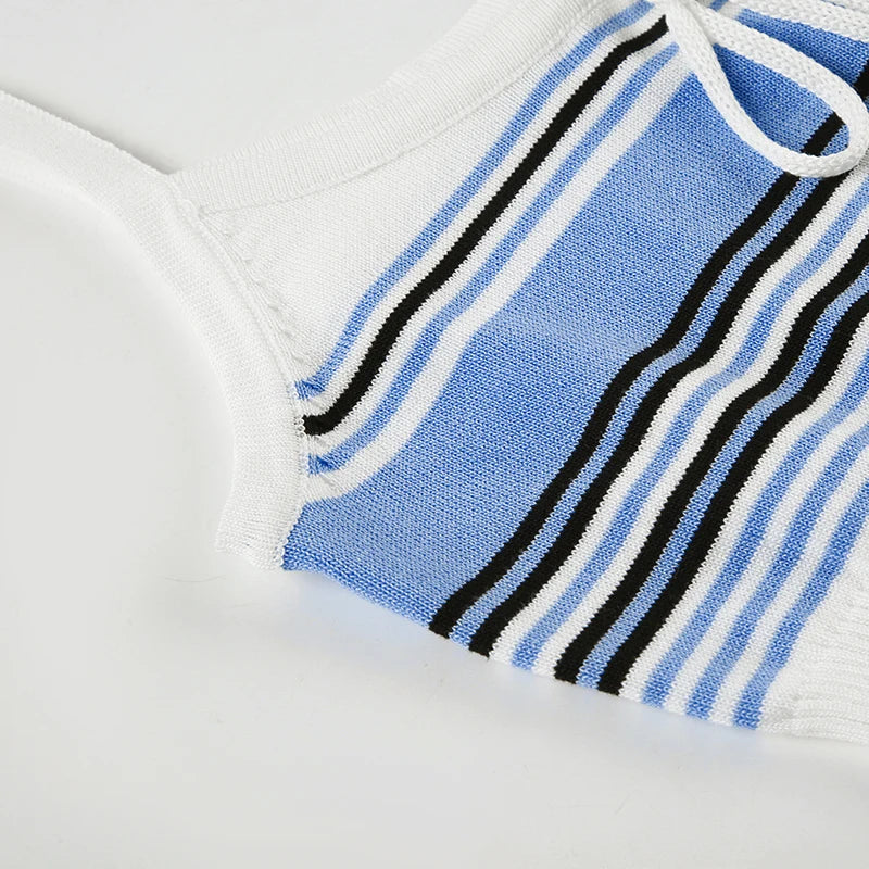 BXOXO Elegant Striped Stitching Knitted Crop Top Casual Lace-up Bow Cute Tees Women Summer Holiday Style Vest y2k Aesthetic Tee