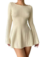 BXOXO Solid Color Ribbed Knit Sweater Dress with A-Line Swing Silhouette - Casual Long Sleeve Crewneck Bodycon Short Dress