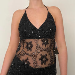 BXOXO Women's Sequin Halter Tank Tops Sleeveless V-Neck Backless Slim Fit Sheer Mesh Vest Y2k Sparkle Club Party Rave Outfit