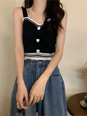 BXOXO Women Cute Tops With Buttons Knitted Crop Tops Ladies Camis For Summer Y2K Tops Knit Patchwork Top Women 2024 Summer