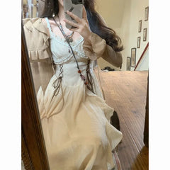 Bxoxo French Fashion Retro Vacation Style Camisole Dress+cardigan Two-piece Set Summer Temperament Long Dresses Female Clothing