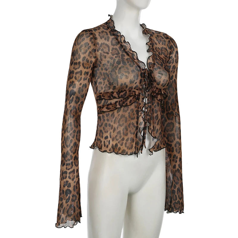 Bxoxo Leopard Shirt y2k Clothing Women Front Tie-up Ruffled Trim Flared Long Sleeve Mesh Blouse Top Grunge Clothes Streetwear