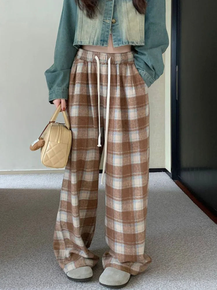 Bxoxo Vintage Faux Woolen Plaid Pant Women High Waist Soft Loose Wide Leg Trousers Casual Female Fall Winter Pockets Retro Y2K Pants
