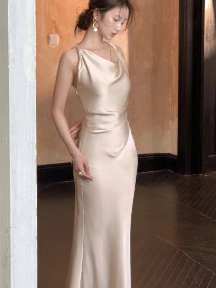 Bxoxo Women's Elegant Summer Party French Dresses Sexy Satin Swing-Collar Slim Bodycon Evening Mermaid Dress Chic Prom Female Clothes
